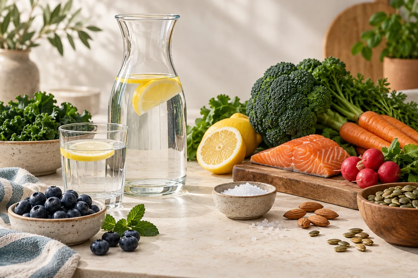 Jarra de água e alimentos em composição sobre prevenção do cálculo renal
