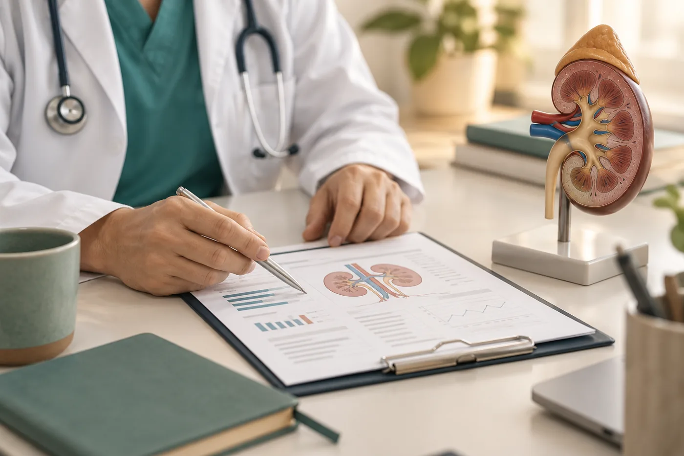 Avaliação médica de exames e modelo anatômico de rim